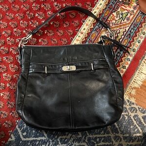 Coach Black Leather Shoulder Bag with Silver Turn-Lock